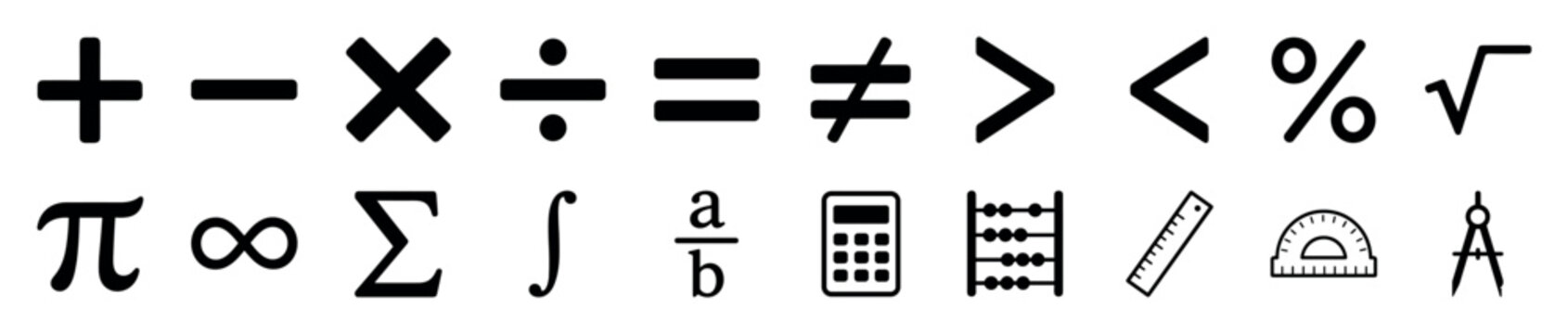 Black mathematical and geometry icon set with various symbols like plus, minus, pi, infinity, and tools such as a calculator, abacus, ruler, and protractor