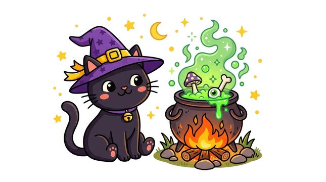 Cute black kitten wearing a purple witch hat sitting next to a bubbling green magic potion cauldron