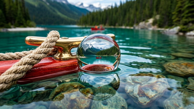Glass sphere resting on a wooden boat deck offers a unique distorted perspective of the surrounding pristine lake and mountain landscape.