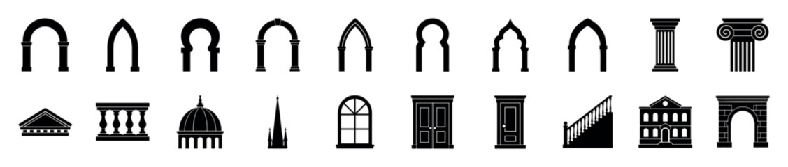 Fototapeta premium Set of black architectural element icons featuring various arches, columns, doors, a dome, a spire, and a window from classical, gothic, and moorish historical styles