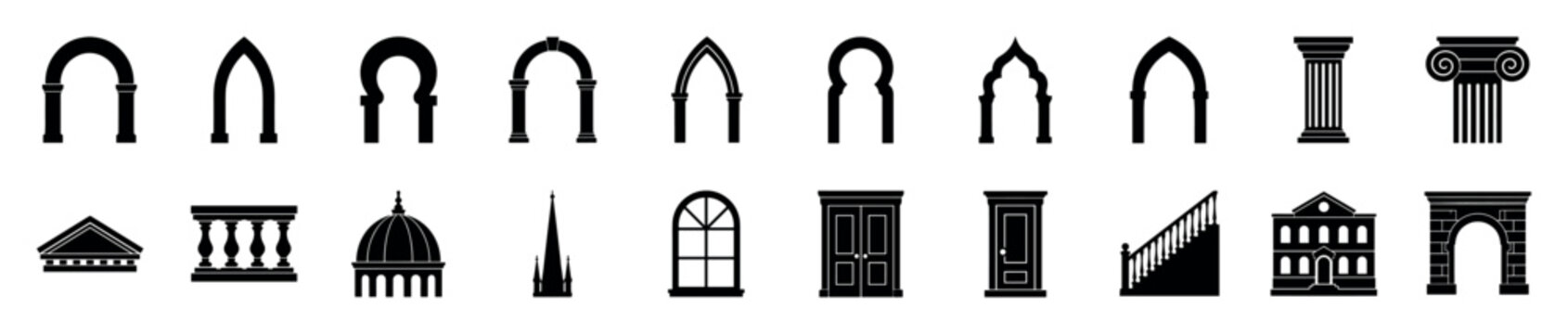 Set of black architectural element icons featuring various arches, columns, doors, a dome, a spire, and a window from classical, gothic, and moorish historical styles