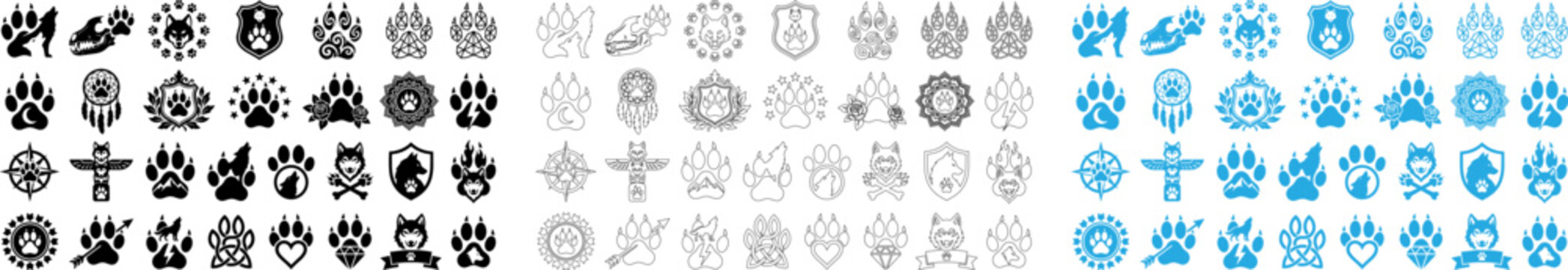 Wolf and paw print vector icons. Set of wild animal silhouettes and tribal graphic symbols.