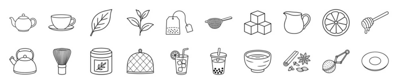 Set of tea-related line art icons showing drinks, ingredients, and accessories for making hot and cold beverages like matcha and bubble tea in a simple hand-drawn style