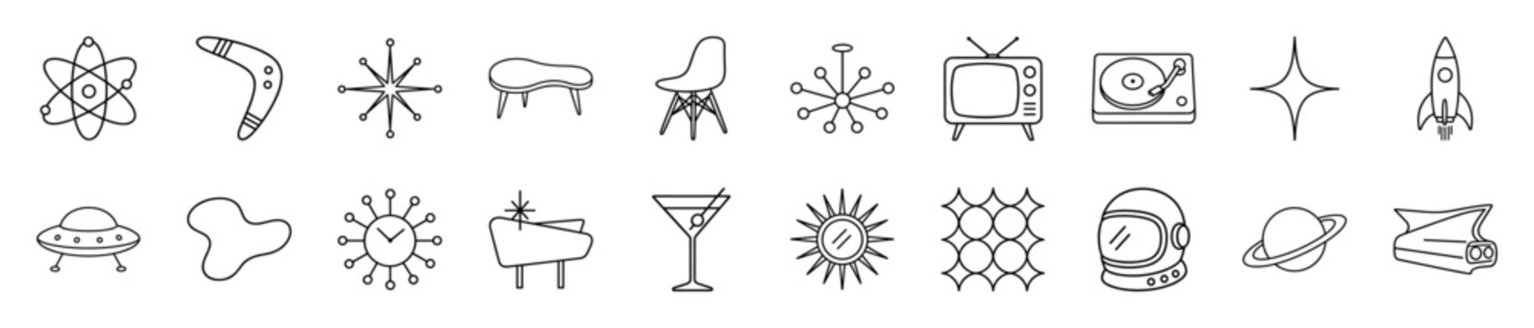 Collection of mid-century modern icons featuring hand-drawn line art of atomic age and space race symbols like a rocket, UFO, planet, and retro furniture in a minimalist style