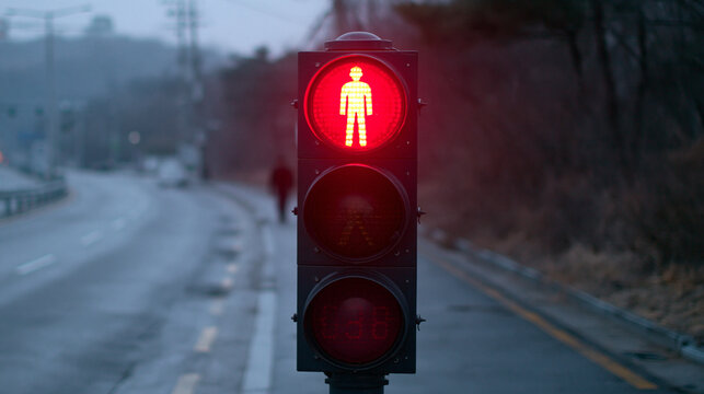 Pedestrian red signal light glowing brightly in foggy weather conditions.