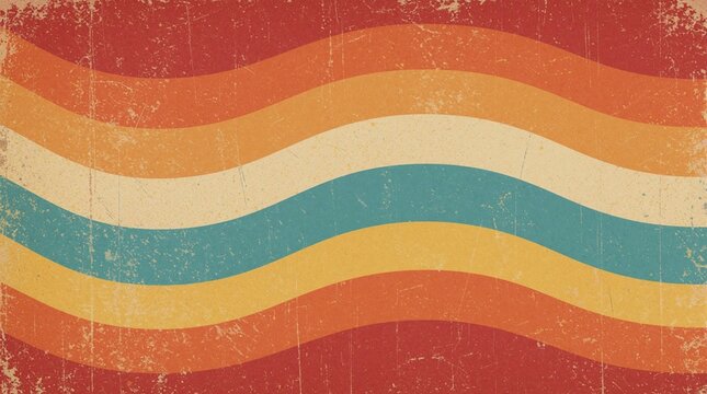 Retro background with wavy colorful stripes. Aged grunge texture design vintage style vibes. Old paper pattern with curved lines in red orange yellow, blue colors. Nostalgic classic aesthetic surface