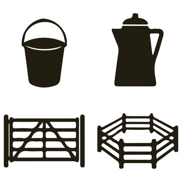 Ranch farm equipment silhouettes featuring bucket coffee pot gate corral fence western cowboy tools vector illustration set collection black icons design graphic elements for logo badge emblem art
