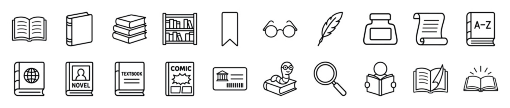 Large set of black line art icons representing books, reading, and library themes, including a bookshelf, glasses, quill pen, and a bookworm for educational concepts
