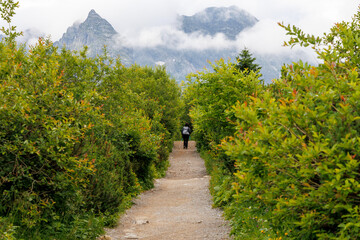 Female Hiker on Straight Mountain Trail to Peaks © Jorens
