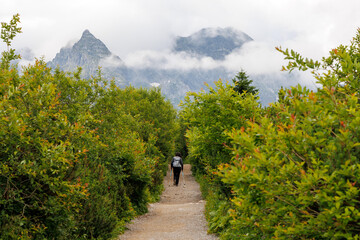 Woman Hiker Walking Mountain Path Towards Misty Peaks © Jorens