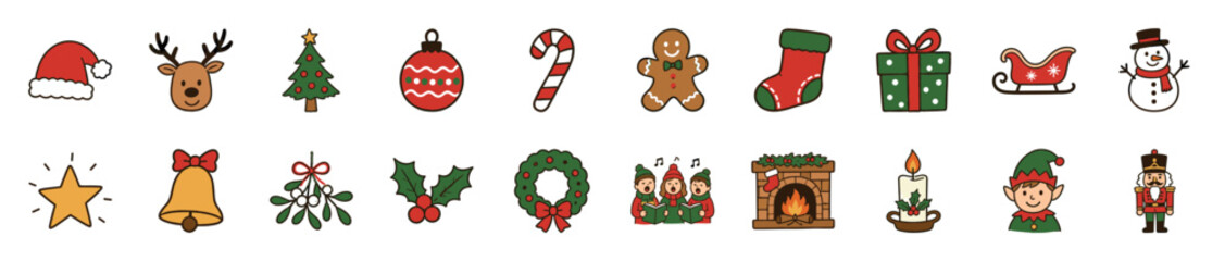 Fototapeta premium Large collection of colorful Christmas icons featuring a reindeer, snowman, gift, and tree in a cute, hand-drawn cartoon style for festive holiday winter celebrations