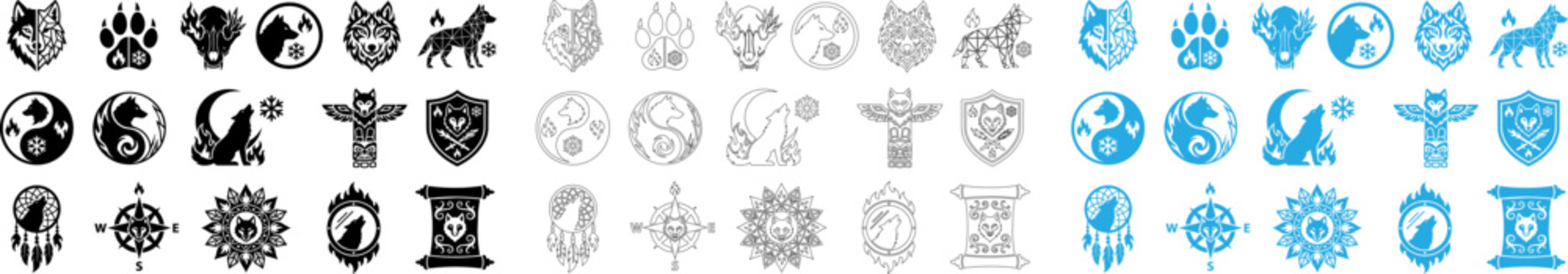 Wolf icon set with tribal and geometric designs. Vector animal emblems for branding.