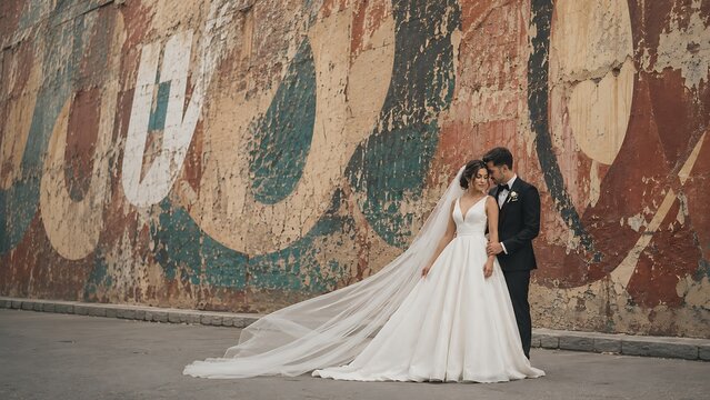 Elegant wedding couple posing against urban mural wall, bride in white ballgown with long veil, groom in black tuxedo