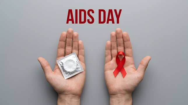 Hands holding a condom and a red ribbon for world aids day awareness campaign on gray background