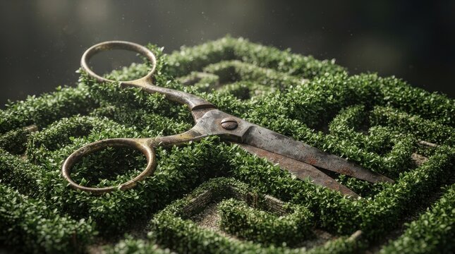 Vintage metal scissors resting on a green hedge maze