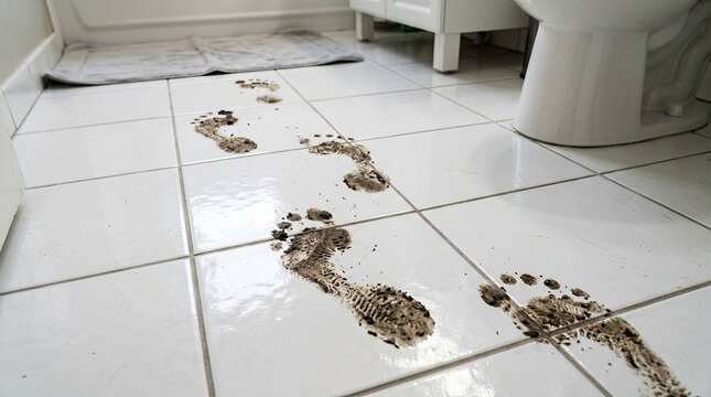 dirty footprints on white tile floor