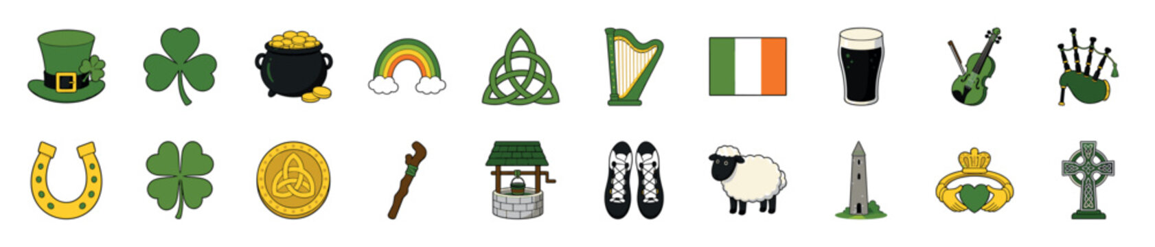 Colorful set of Irish cultural icons and Saint Patrick's Day symbols, featuring a leprechaun hat, shamrock, pot of gold, harp, Celtic knot, and a pint of stout