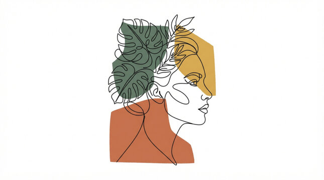  Feminine side profile continuous line art vector tropical palm leaf face color block poster