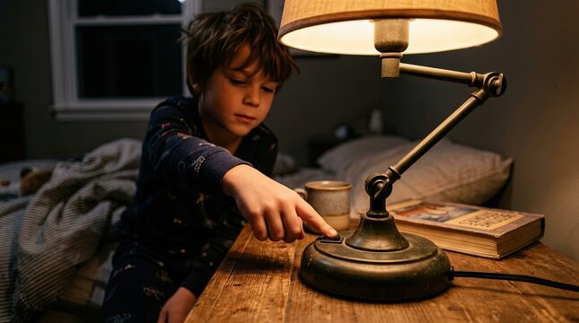 boy turning lamp switch on