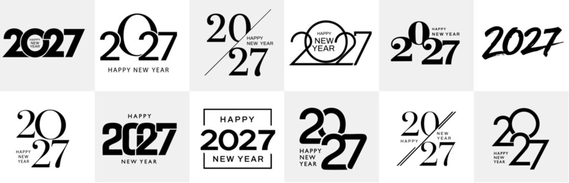 2027 Happy New Year Typography Logo Collection &ndash; 12 Minimal Black Vector Designs set in Modern Grid Layout