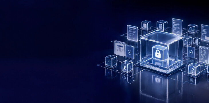 Glowing transparent digital cube with locked icon representing secure data storage and cybersecurity protection security protection technology information encryption business database