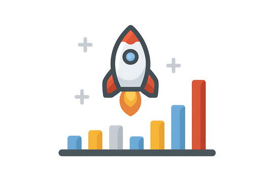 Rocket launching over a colorful bar graph, symbolizing growth and success in business and technology