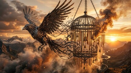 Obraz premium Steampunk mechanical bird emerging from metal cage at sunset