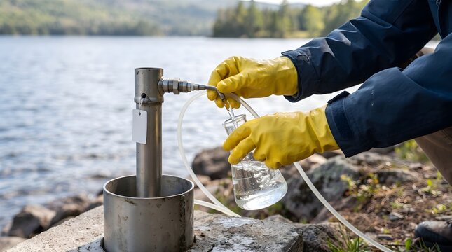 Gloved Hands Collecting Groundwater Sample in Clear Glass Flask from Monitoring Well Pipe for Environmental Field Research