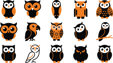 Obraz premium Collection of cute halloween owl vector flat illustration elements isolated on transparent background