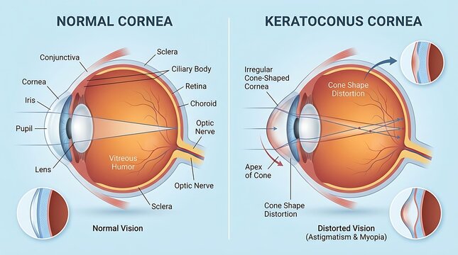 Detailed anatomical comparison between a normal cornea and a keratoconus cornea featuring magnified views of corneal distortion, light path refraction, and symptoms of myopia and astigmatism.