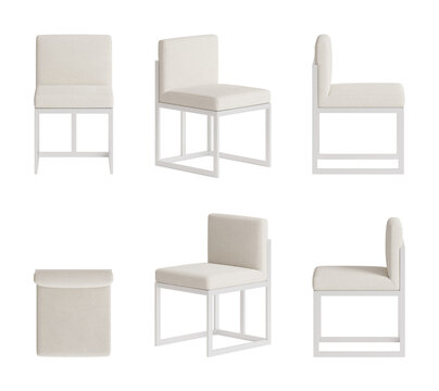 Set of six views of a minimalist white dining chair with metal frame isolated on white background, 3d render.