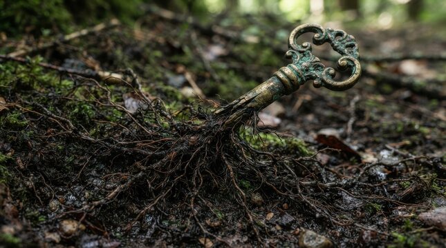 Old vintage key resting in forest soil and tree roots
