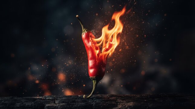 Red chili pepper burning in flames