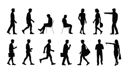 Obraz premium Men silhouettes human figure symbols featuring casual people standing, walking, running, sitting, using phone and pointing poses, vector illustration