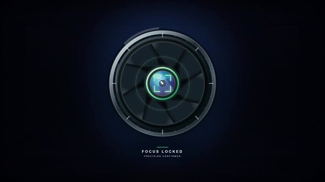 Focus locked precision confirmed camera shutter aperture HUD animation.