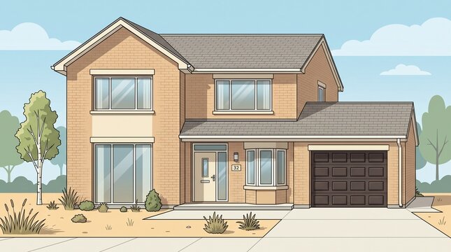 A modern two-story brick suburban house illustration with a front garage, paved driveway, large windows, and a landscaped front yard under a clear blue sky.