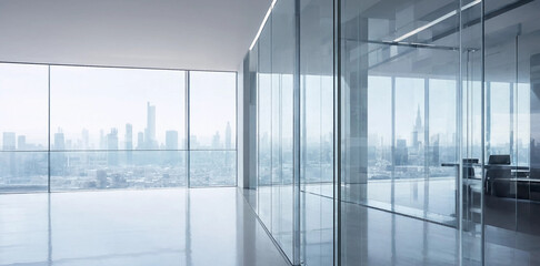 Plakat Modern open plan office workspace with glass dividers and city skyline view high rise interior design workspace business architecture interior professional corporate contemporary