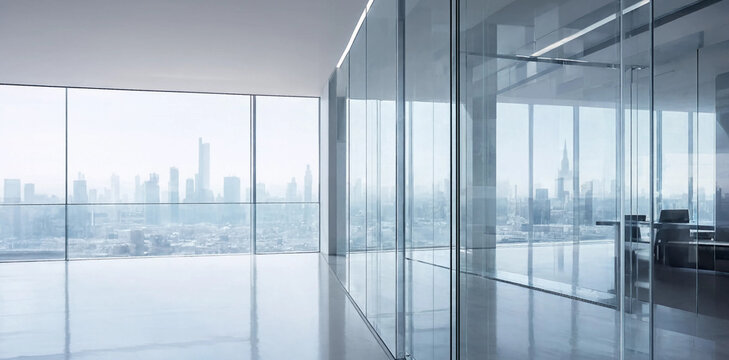 Modern open plan office workspace with glass dividers and city skyline view high rise interior design workspace business architecture interior professional corporate contemporary