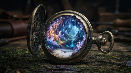 Fototapeta premium Open antique pocket watch with magical crystal cavern inside