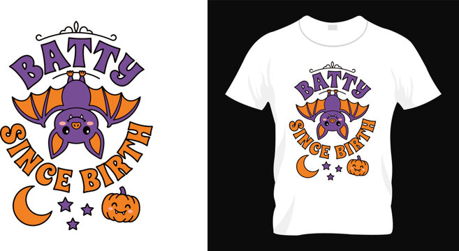 Batty since birth halloween t shirt design featuring a cute purple bat with pumpkins and stars for spooky holiday apparel graphics