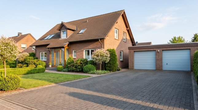 A modern two-story brick suburban house featuring a paved driveway, double garage, beautifully landscaped front yard with lush green grass, manicured shrubs, and small trees.