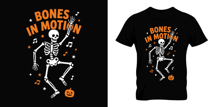 Cool dancing skeleton graphic for a halloween t shirt design featuring spooky bones in motion text on a black background