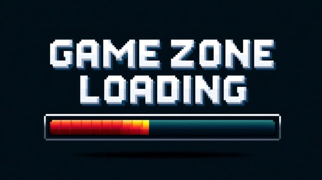 Game zone loading text on dark background in retro pixel style for esports marketing