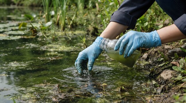 Female Scientist Hands Collecting Groundwater Sample from Green Pond for Environmental Water Quality Testing