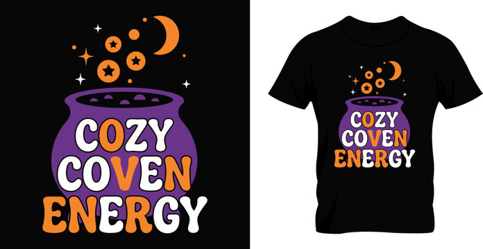 Cozy coven energy halloween t shirt design featuring a magical cauldron with celestial elements perfect for spooky season apparel graphic prints