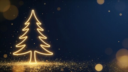 Fototapeta premium Glowing Golden Neon Line Art Christmas Tree on Dark Blue Bokeh Background with Copy Space