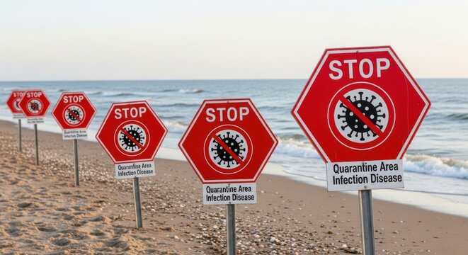 Quarantine Area Stop Signs On Sand With Ocean Background