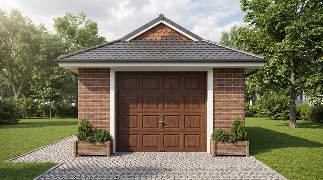 Modern red brick garage featuring a rich wooden door, tiled roof, decorative planter boxes, and a paved stone driveway surrounded by lush green trees and lawn. 