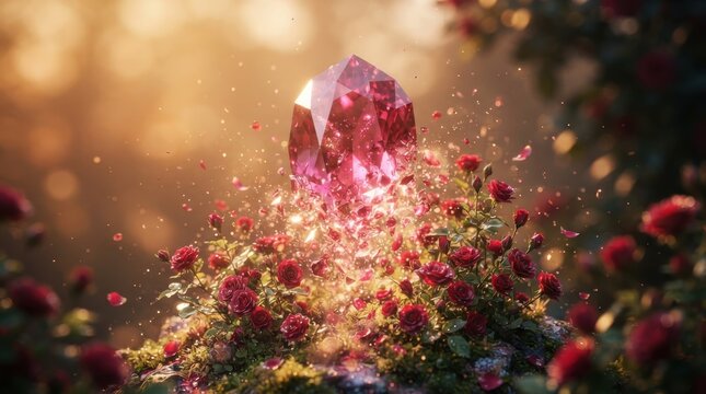 Glowing pink gemstone floating above blooming roses