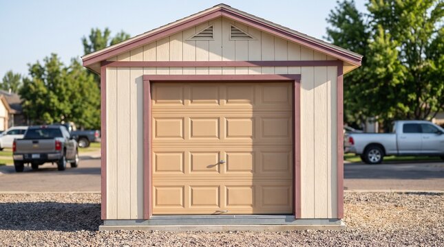 A modern beige outdoor storage shed with maroon trim and a garage-style door stands on a gravel driveway in a peaceful suburban neighborhood.